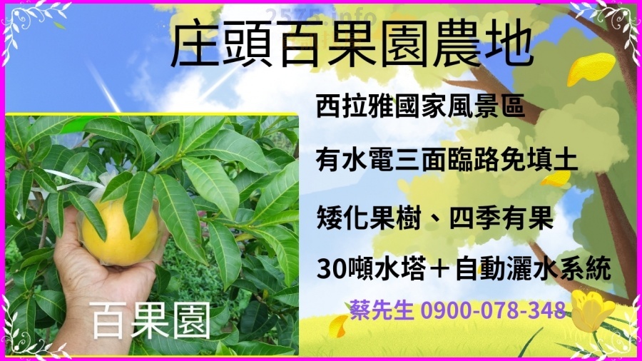 #有電 #有水 #（井水） #30噸鋁合金水塔 #專業全自動灑水系統 #儲水桶 #設施齊全 #矮化果樹 #四季有果 #自耕自住 #退休養生 #快樂農夫 #假日農場 #親子採果樂 #台南土地 #庄頭百果園農地 #庄頭農地 #台南農地 #庄頭土地